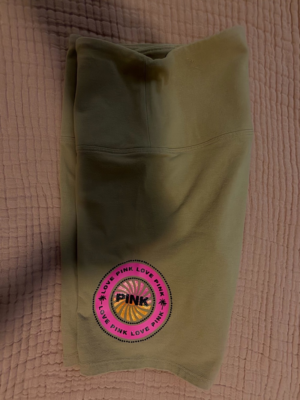PINK Victoria's Secret Olive Bike Shorts with Pink Logo Patch